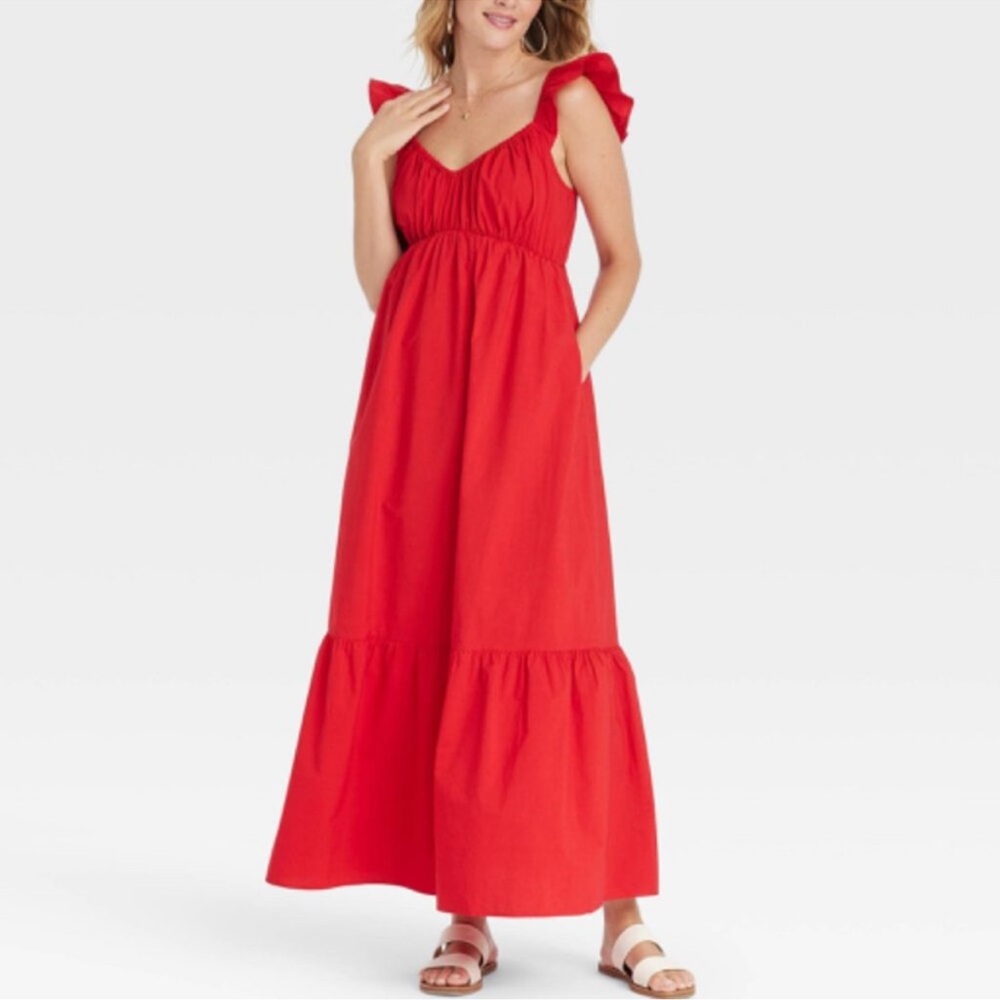 Universal Thread Target Maxi Dress XS Red Flutter Cap Sleeve Pockets Peplum